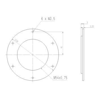 Schéma coté : diamètre 90 mm, filetage M54x0,75, 6 vis M2.5, épaisseur 5 mm