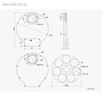 Plan coté de la roue à filtres ZWO EFW 7x50,80 mm